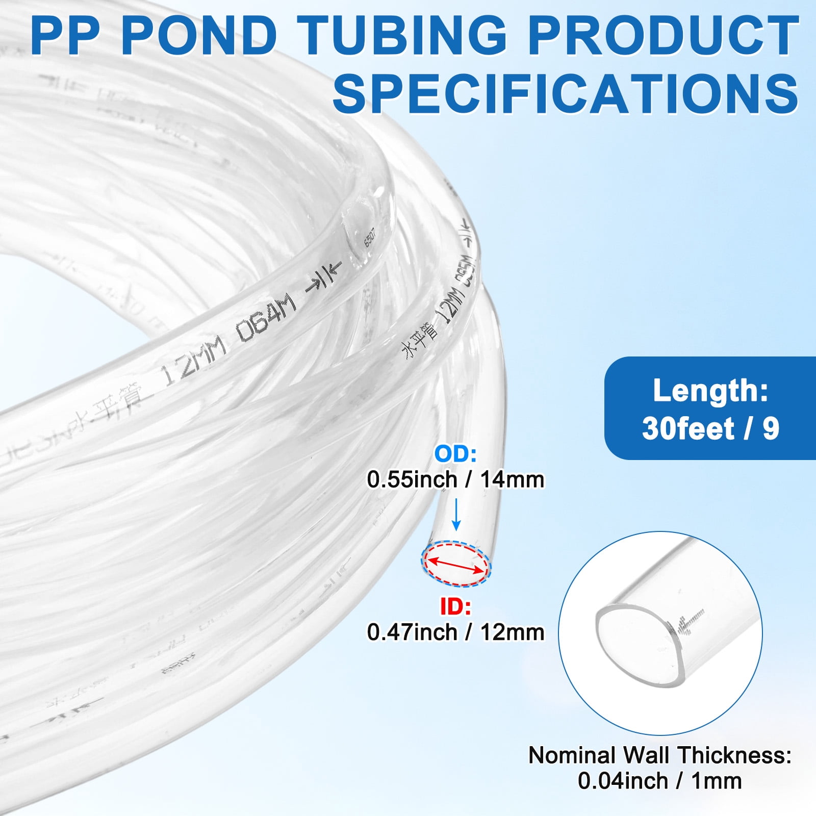Uxcell Vinyl Tubing 0.47" ID x 0.55" OD 30ft Flexible Plastic Tube With 2 Hose Ties, Lightweight Hybrid Hose for Water Gardening [Clear]