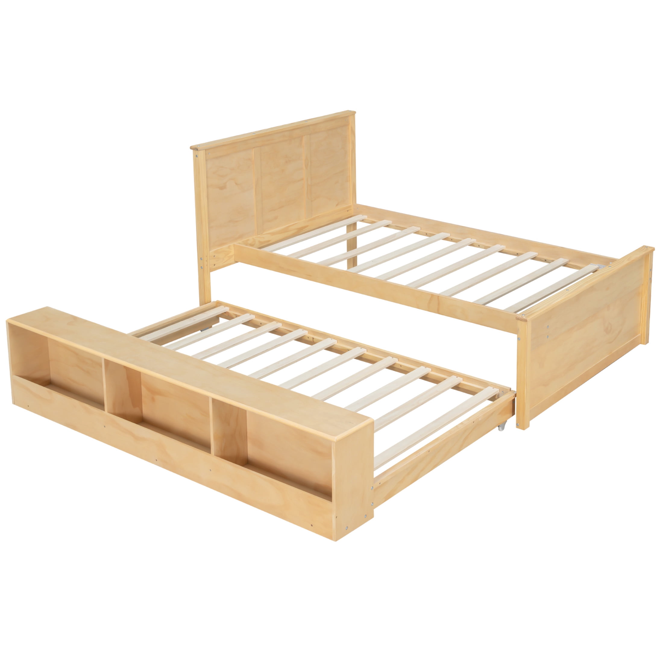 Noble House Brevon Twin Size Extendable Platform Bed with Built-in Storage Cabinet, Pine Wood Frame, Natural