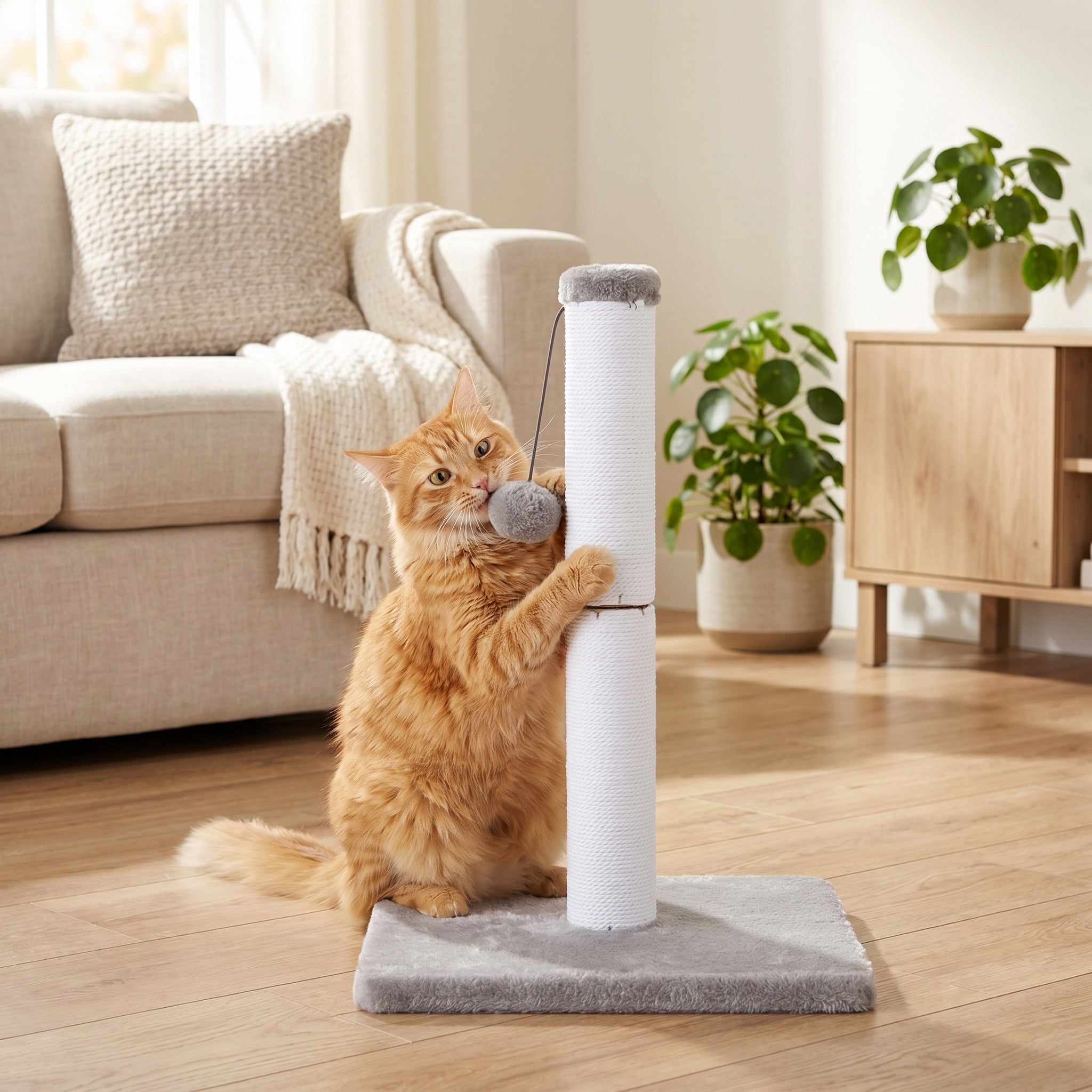 Vibrant Life Cat Scratching Post with Cotton Rope and Dangling Ball, White and Gray