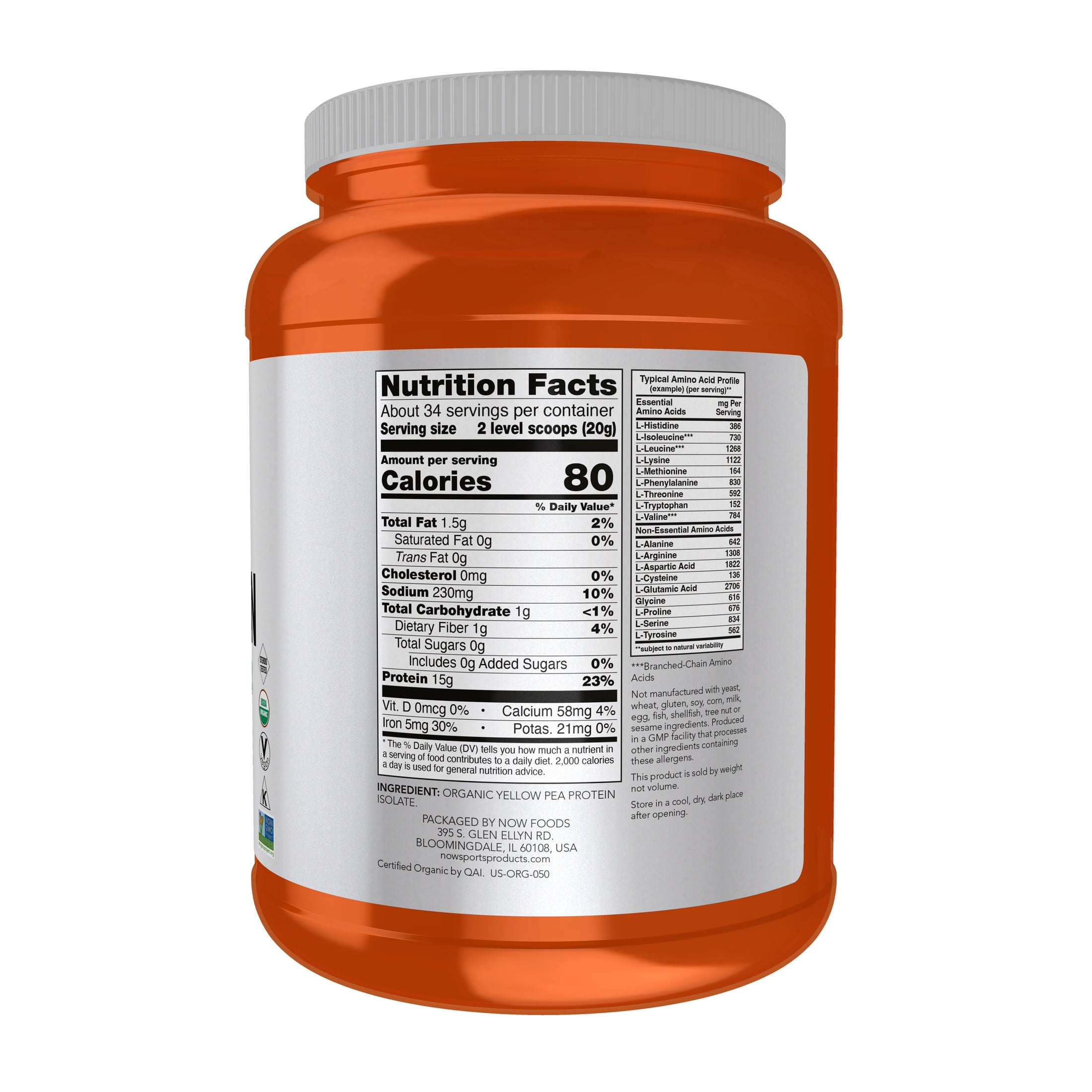 NOW Sports Nutrition, Certified Organic Pea Protein 15 Grams, Unflavored Powder, 1.5-Pound