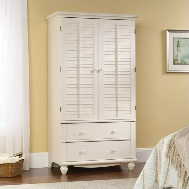 Sauder Harbor View Armoire In Antiqued White Com Sauder Harbor View Armoire In Antiqued, Bedroom Tv Armoire With Drawers