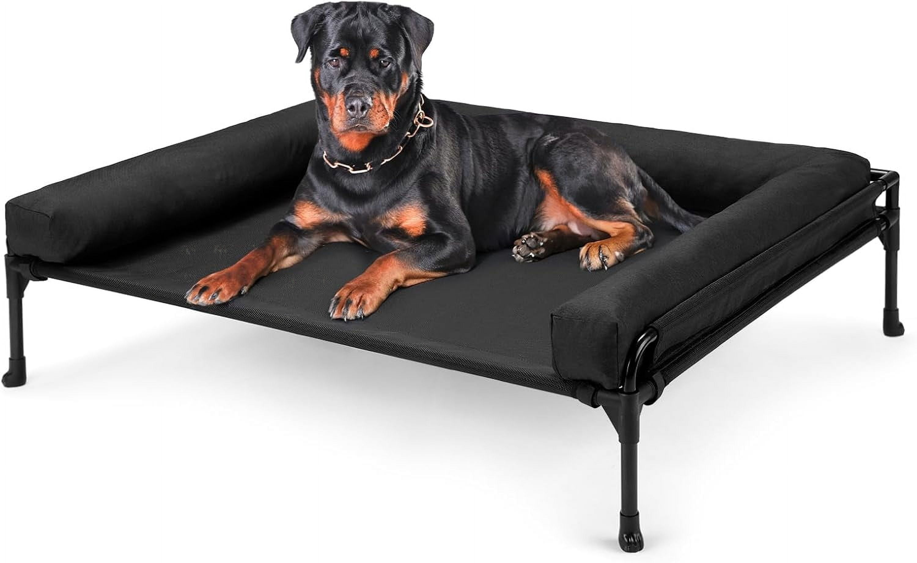 Elevated Raised Dog Bed-Cooling Outdoor Dog Cot Bed for Large Sized Dogs Three-Sided Fence Raised Pet Cot with Mesh & No-Slip Feet Dog Hammock Bed with Removable Bolster-47 x 29" Beige Coffee