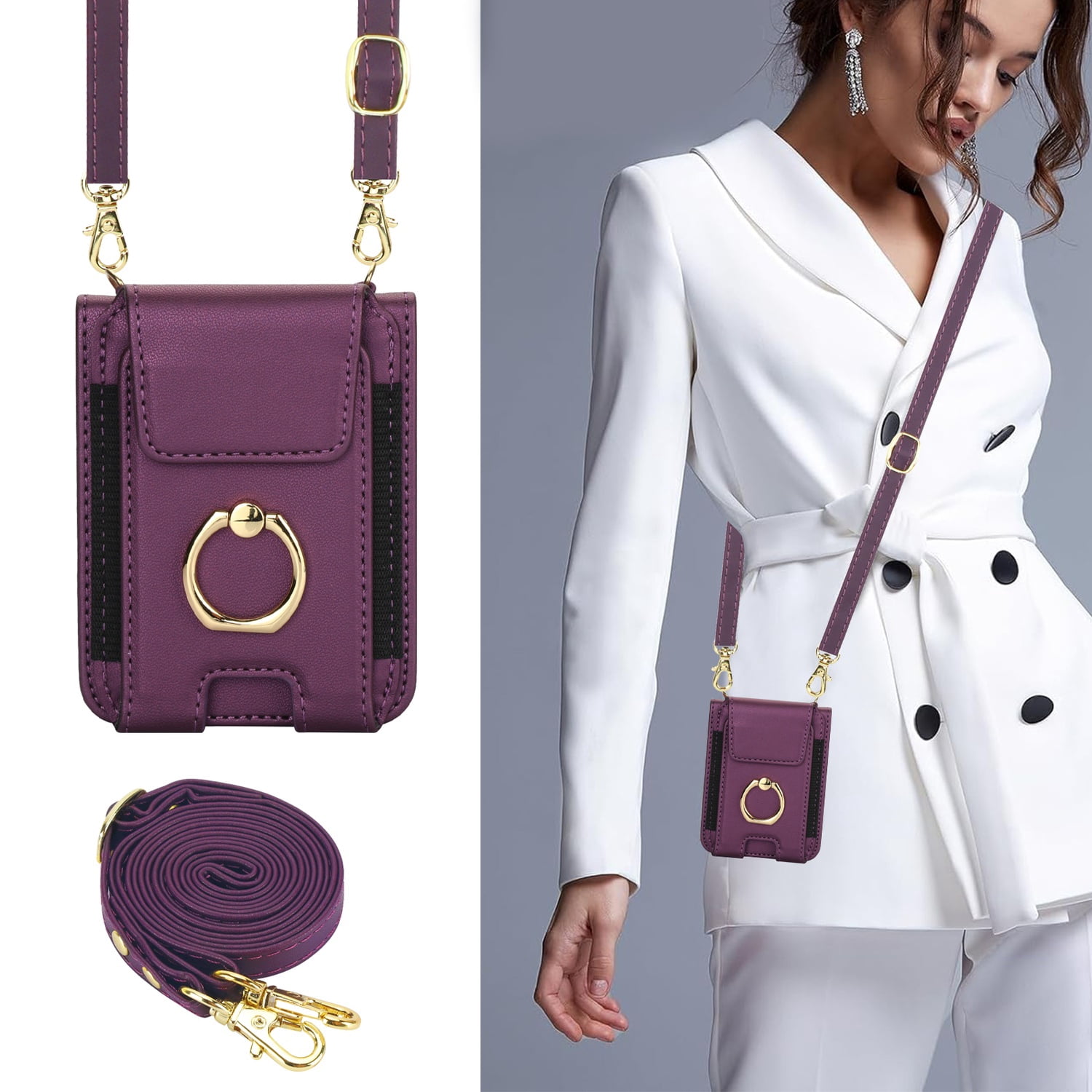 for Motorola Razr 2024 Wallet Case Crossbody, PU Leather Zipper Handbag Purse Flip Cover, Back Card Slots, Adjustable Shoulder Strap, Finger Ring Stand for Motorola Razr 2024, Darkpurple