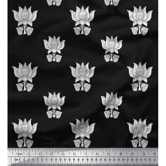Soimoi Crepe Silk Fabric Leaves & Lotus Block Print Fabric by Yard 42 Inch Wide