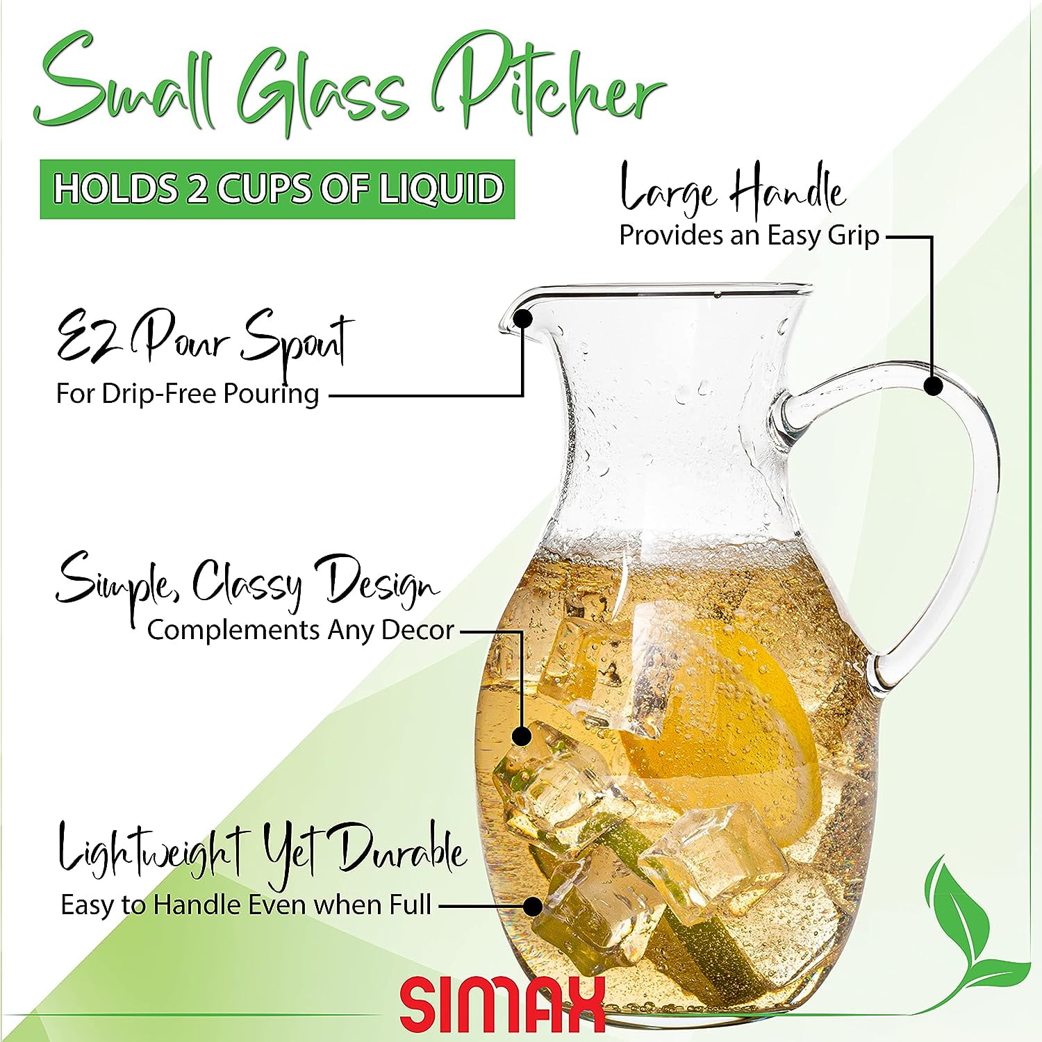 SIMAX Glass Pitcher Borosilicate Glass with Spout and Large Handle, 16 Oz.