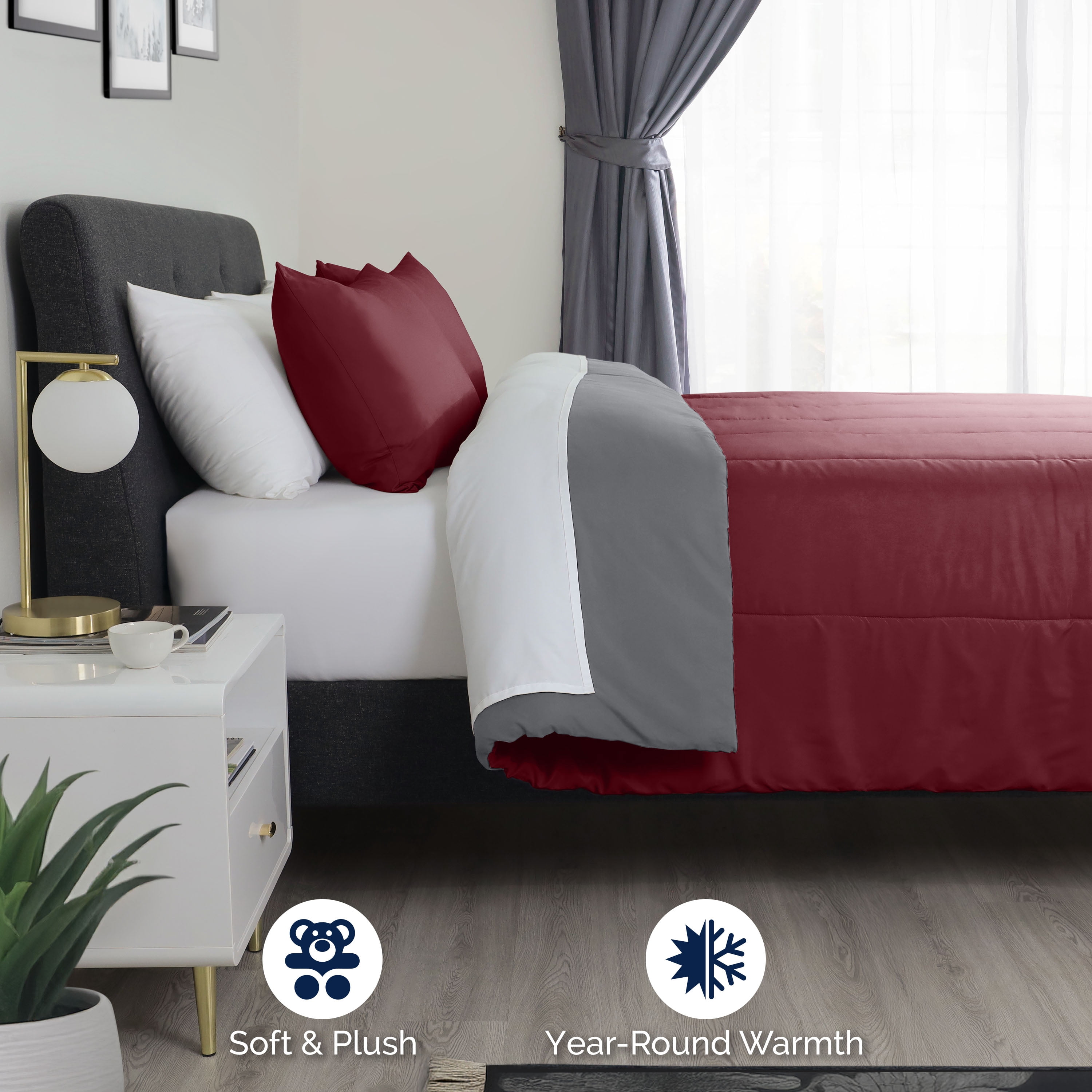 Martex 2-Piece Twin Reversible Comforter Set | Super Soft Lightweight | Burgundy/Grey