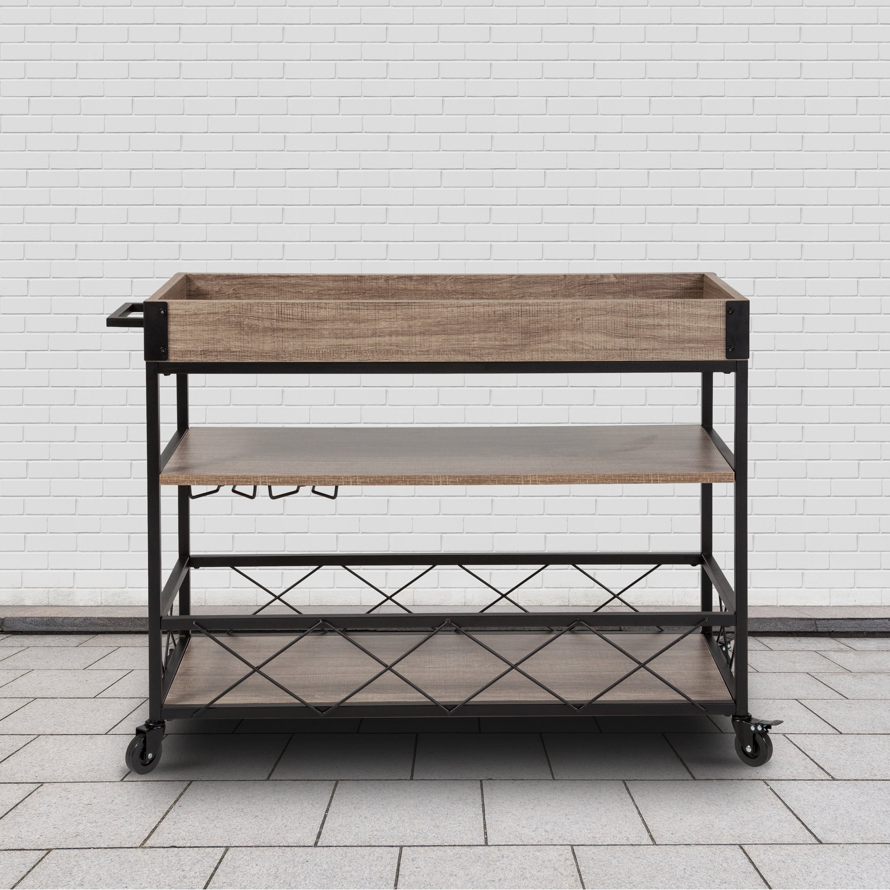 Flash Furniture Buckhead Distressed Light Oak Wood And Iron Kitchen Serving And Bar Cart With Wine Glass Holders Walmart Com Walmart Com
