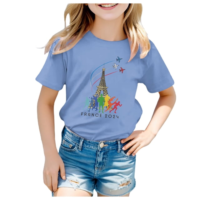 EHQJNJ Chandails en Molleton Mignons Filles Manches Courtes Tee Été Col Rond T-Shirt Coupe Décontractée Basique Chemises Simples Blanc T-Shirt Enfants Manches Longues