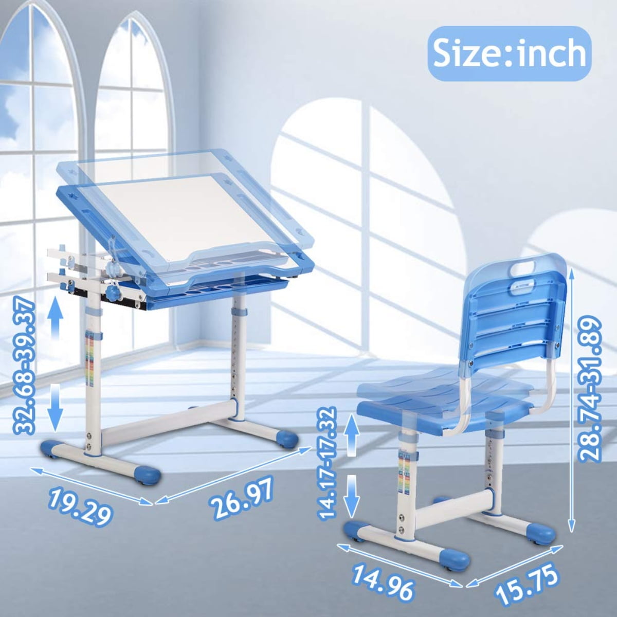 Kids Desk and Chair Set Height Adjustable Ergonomic Children Sturdy Table with Drawer Storage Childs Study School Desk Interactive Workstation Kids Art Writing Desk Furniture for Girls Boys  (Blue)