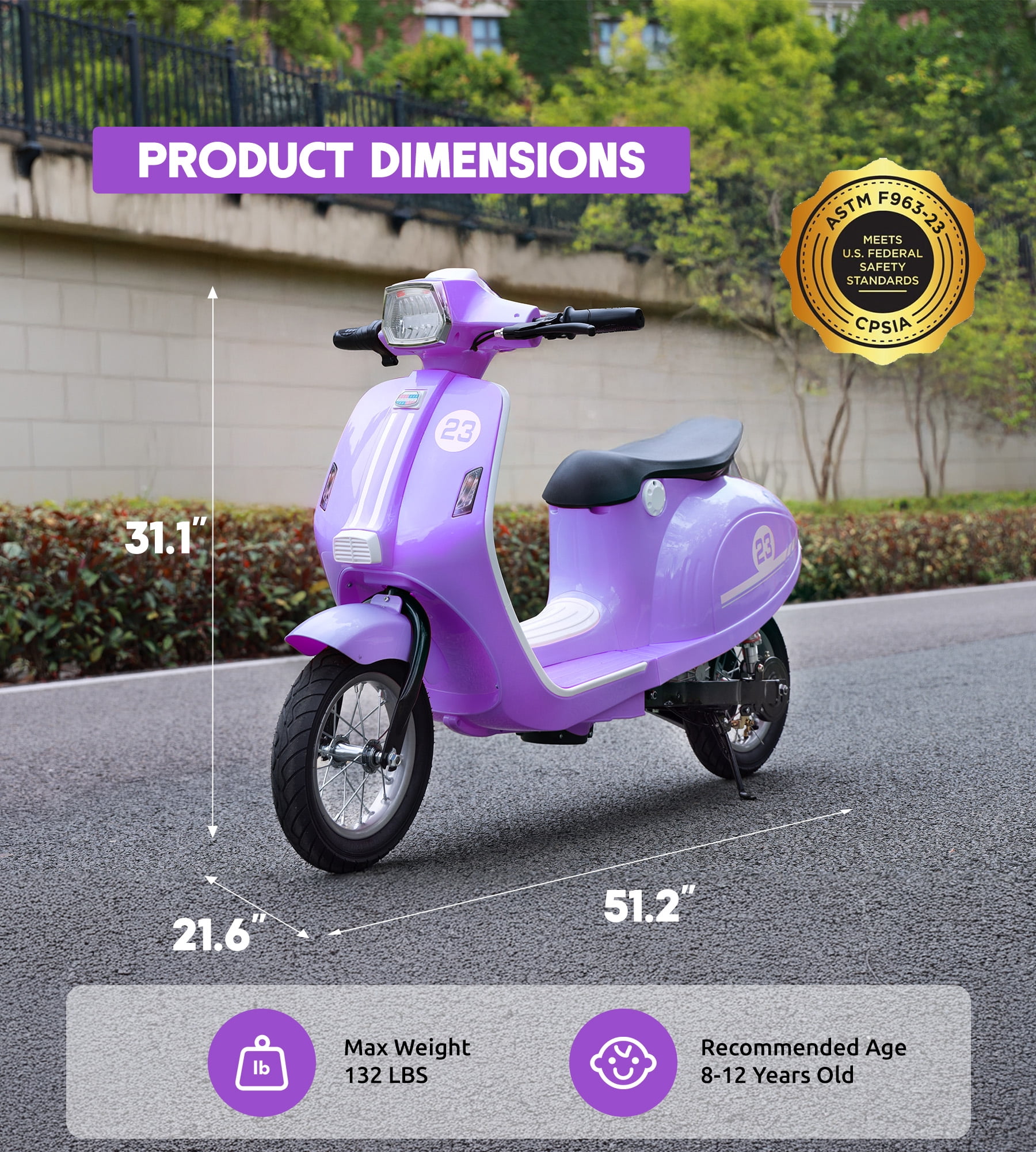 SaveJoy Kids Motorcycle 24V Retro Ride on for Ages 8+, LED Light-Up Electric Ride On Toy,Durable Outdoor Gift for Boys & Girls,Purple