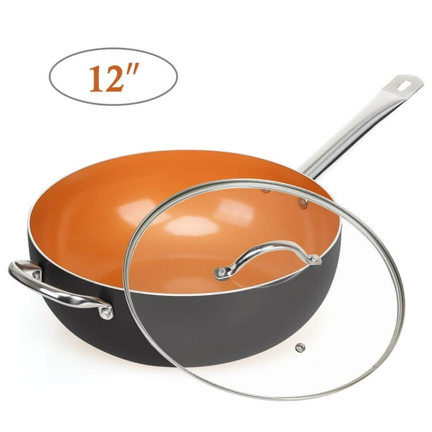 SHINEURI Nonstick Copper Pan 12" Wok Pan with Lid, Deep ...