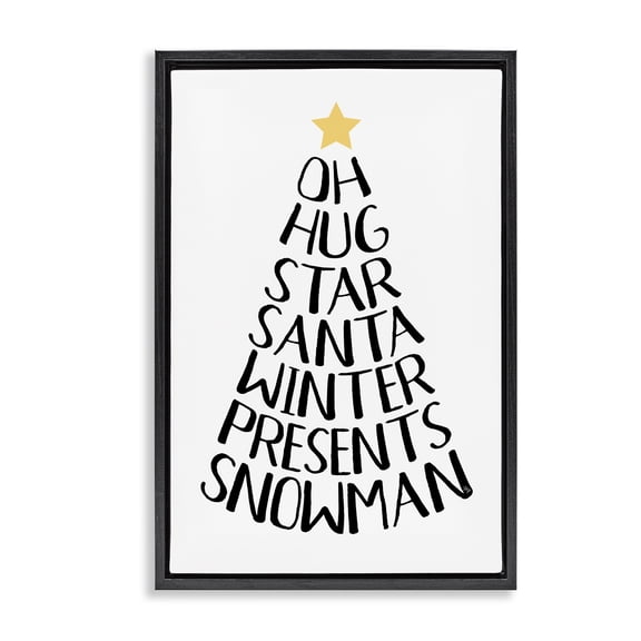 Stupell Industries Seasonal Christmas Words Tree Holiday Painting Black Floater Framed Canvas Art Print Wall Art, 17 x 25