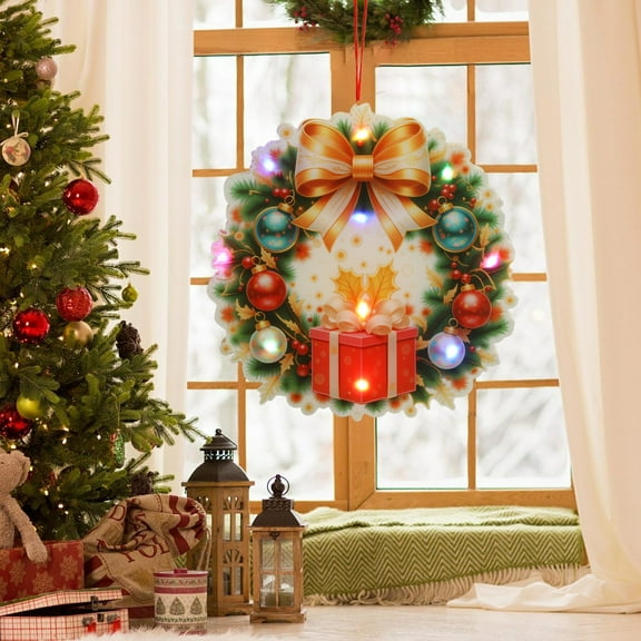 Colorful Light Christmas Wreath Santa Hanging Decoration Hold Gift Box Christmas Man Front Door Wall Window Ornament Christmas Decoration 10 inch