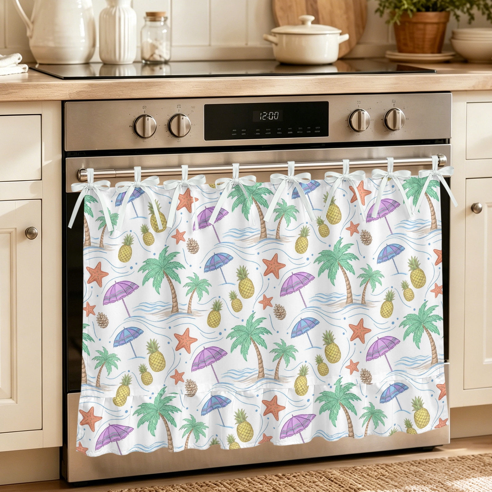 Oven Skirt Curtain for Kitchen 24x32 Inch Cartoon Coconut Trees Oven Curtain with 8 Ribbon Ties & Ruffle Trim Stove Skirt Curtain Dishwasher for Cabinets Sinks Summer Tropical Plants Purple Green