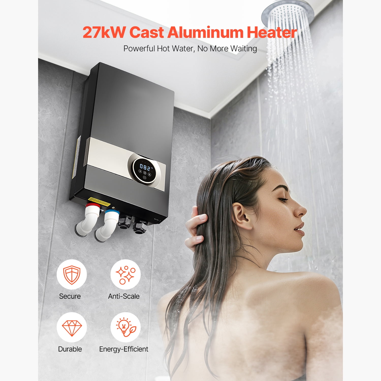 KFFKFF 27kW Tankless Electric Water Heater, Instant Hot Water for Bathroom, Kitchen, or Office with LCD Touch Screen, Child Safety Lock, Compact Design, 240V Black