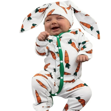 

Rovga Kids Girls Baby Toddler Bodysuits Easter Cartoon Carrot Printed Romper Jumpsuit Bunny Rabbit Ears Hat Set