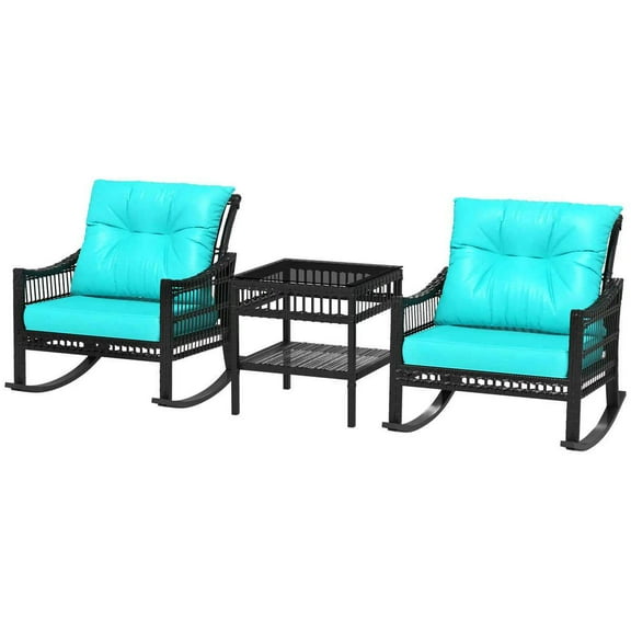Yardi Yarda 3 Piece Outdoor PE Rattan Rocker Chair Set, Rocking Chair with Tempered Glass Table Top, Turquoise Green