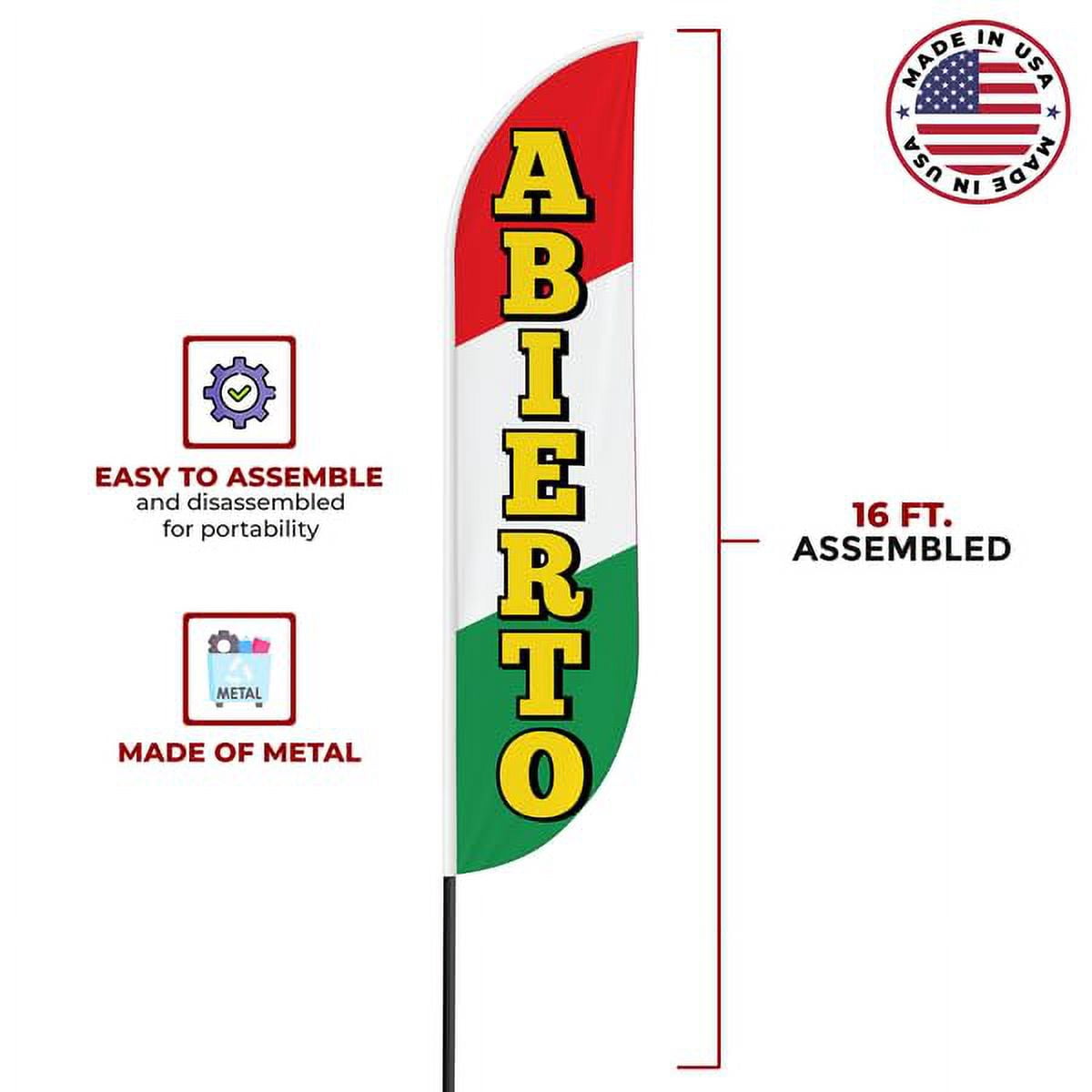 Abierto Feather flag for Outdoor by Mavis Print | 11.5 FEET Long Polyester Outdoor Banner Flag for Easy Hang | HD Print Swooper I Flag Only for Business Advertising | Made in USA I Flag Only