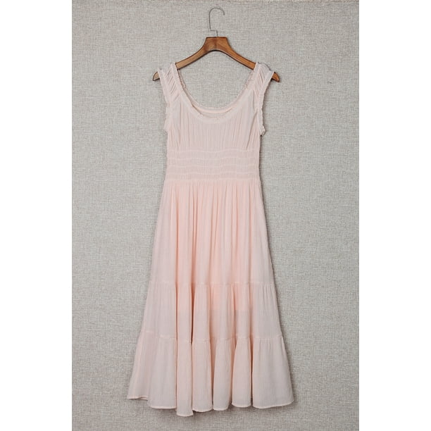 ABPHQTO Vestido midi de cintura alta sin mangas fruncido con fruncido albaricoque para mujer