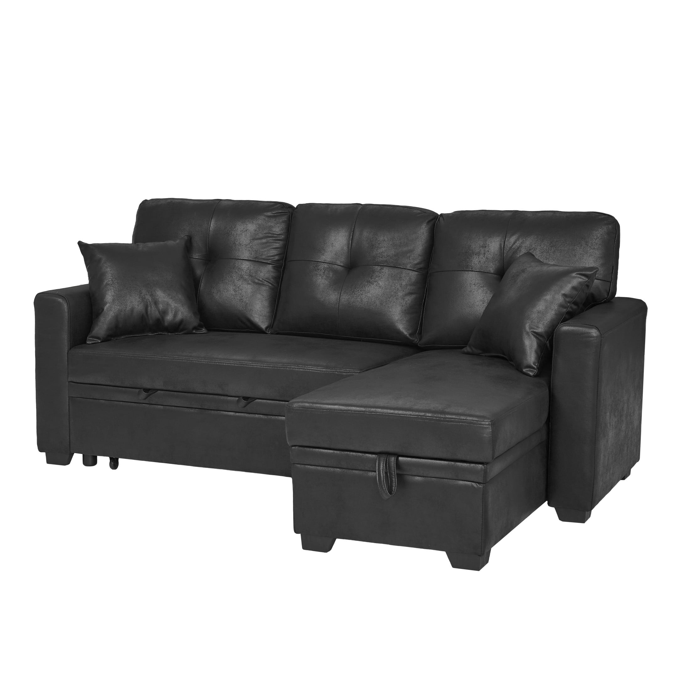 Noble House Sleeper Sectional Sofa with Pull-Out Bed, Reversible Storage Chaise, Foil Fabric, Black