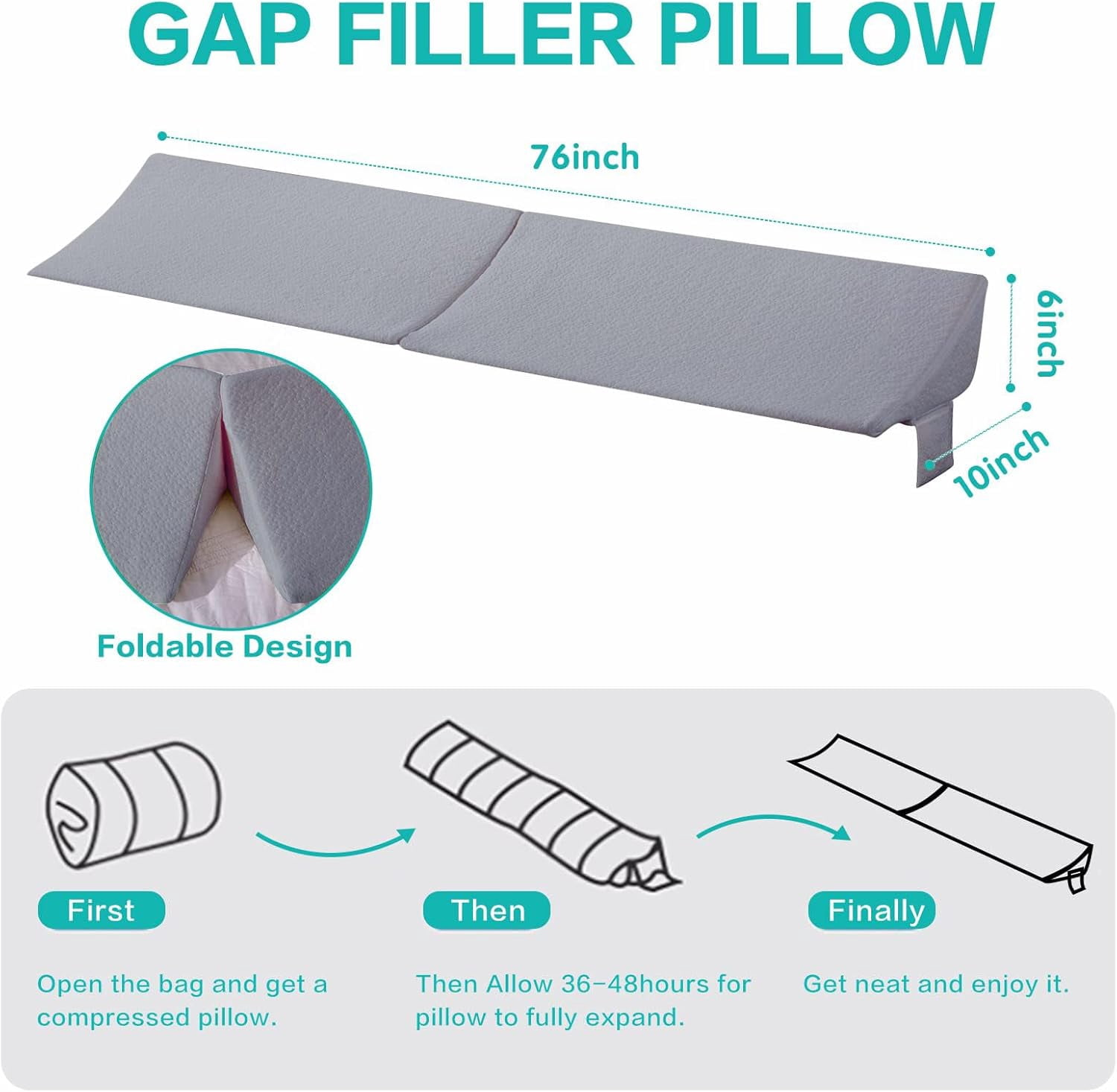 King Size Bed Wedge Pillow for Headboard Gap Filler Mattress Gap Filler (0-7") Sleep Backrest Pillow Between Mattress and Headboard Gray 76"x 10"x 6"