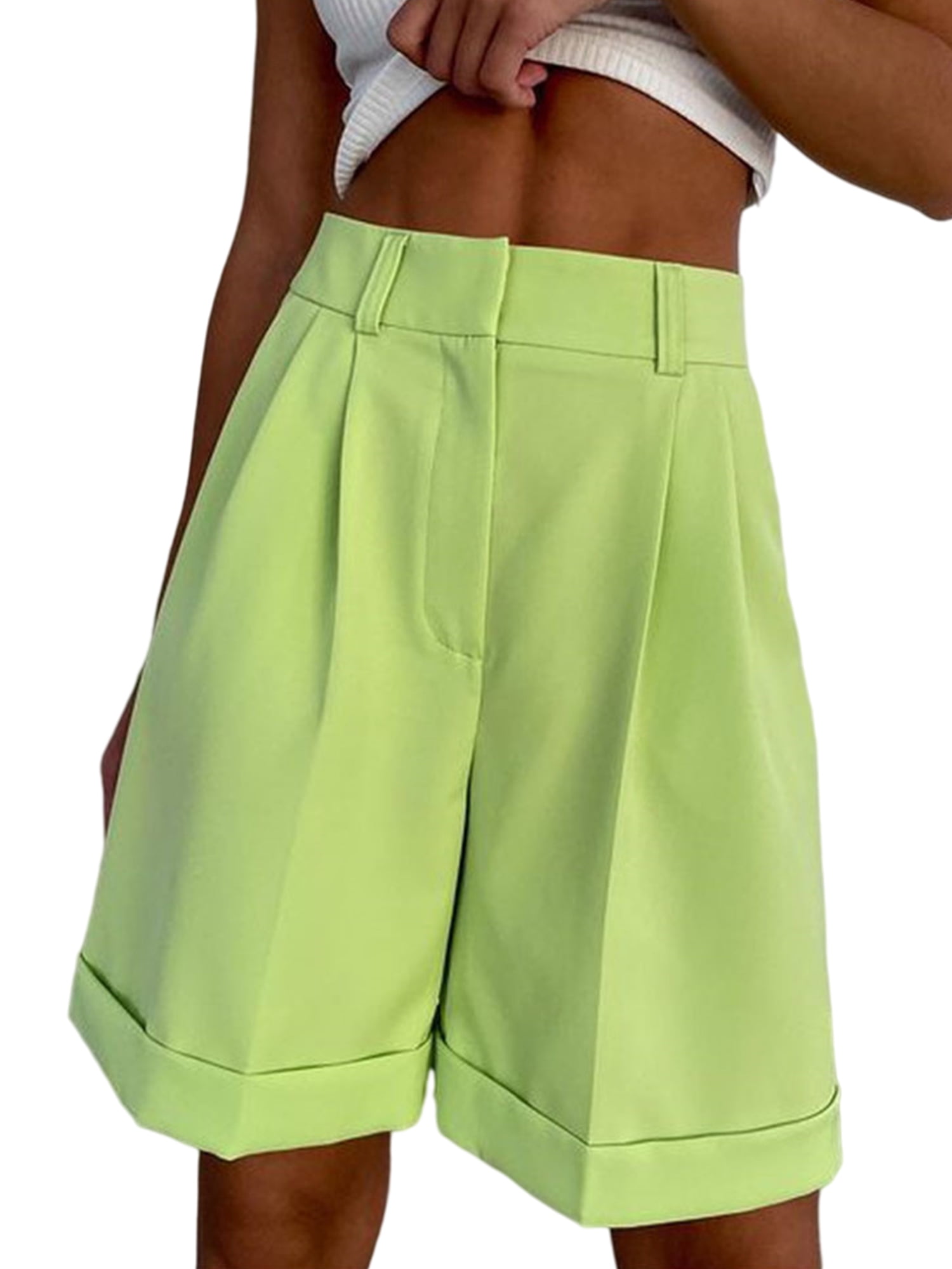 Frontwalk Women Loose Rolled Hem Mini Pant Summer Solid Color Baggy