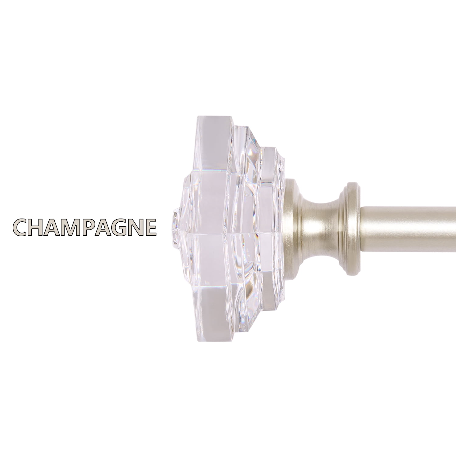 2 Packs Curtain Rod Adjustable Window Drapery Rods with clear acrylic plexiglass square finials, 3piece brackets, hardware kits. Champagne 48-86 inches.
