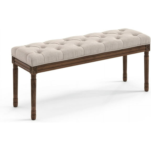 LUE BONA 44" Bedroom , Vintage French Tufted End of Bed , Upholstered Fabric Ottoman with Carved Dark Brown Legs for Bedroom,Dining Piano Stool for Living Room,Foyer, Linen