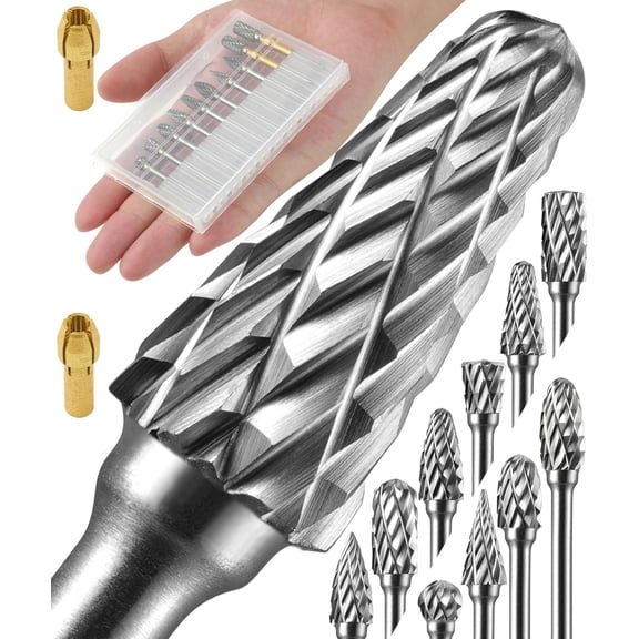 10 Pcs Carbide Burr Set 1/8" Shank w/ 2 Collets Compatible with Dremel Bits Rotary Tools Attachment Kit Rasp Drill File Accessories Metal Wood Stone Steel Grinding Carving Cutting Polishing