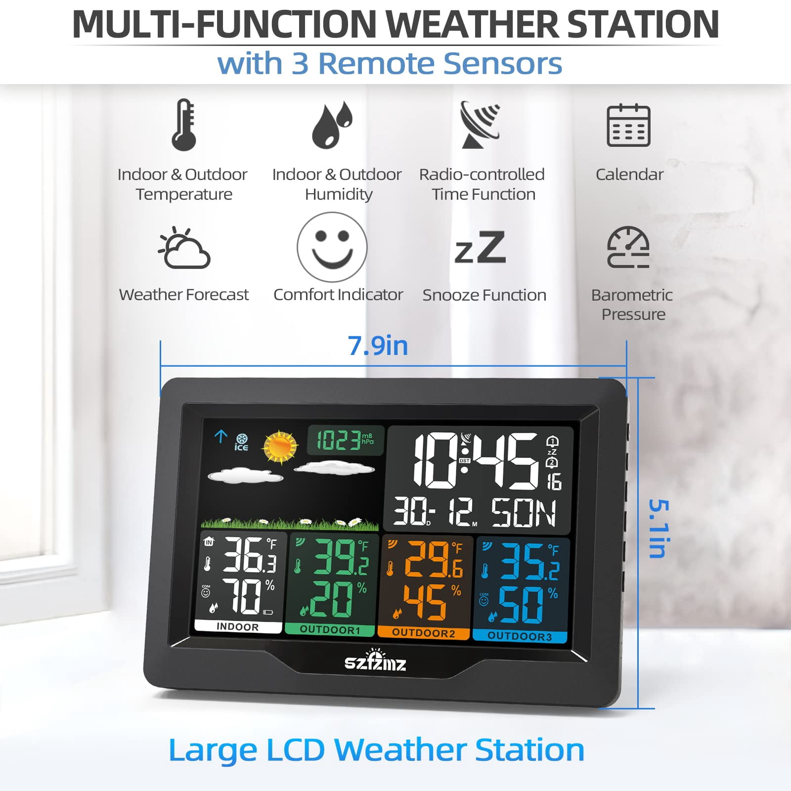 Weather Stations Wireless Indoor Outdoor With 3 Sensors, Color Display Weather Station Indoor Outdoor Thermometer Wireless Weather Forecast Station, Digital Atomic Clock With Backlight