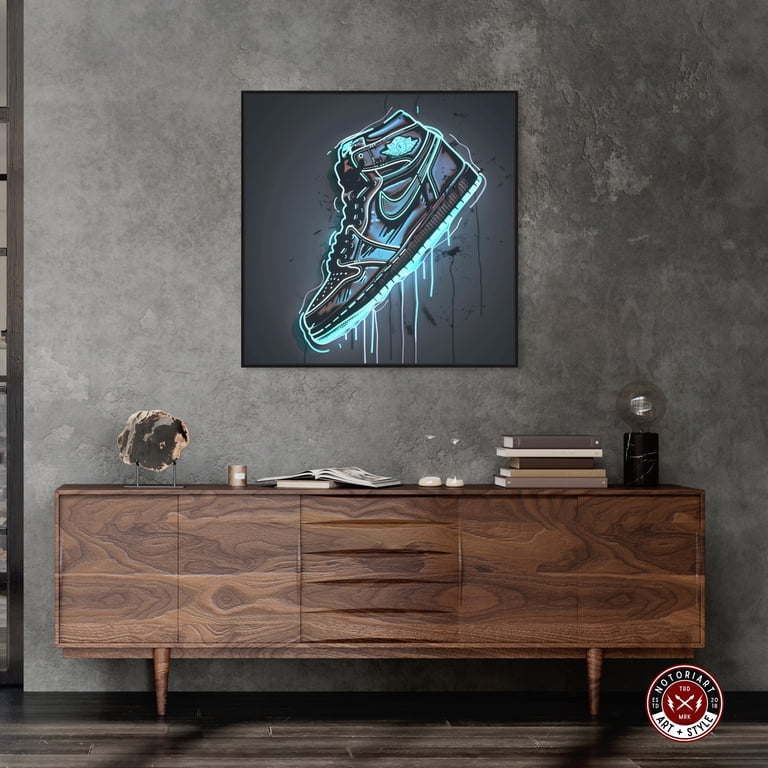 Blue Glow Sneaker Canvas Wall Art by Notoriart, Black Floater