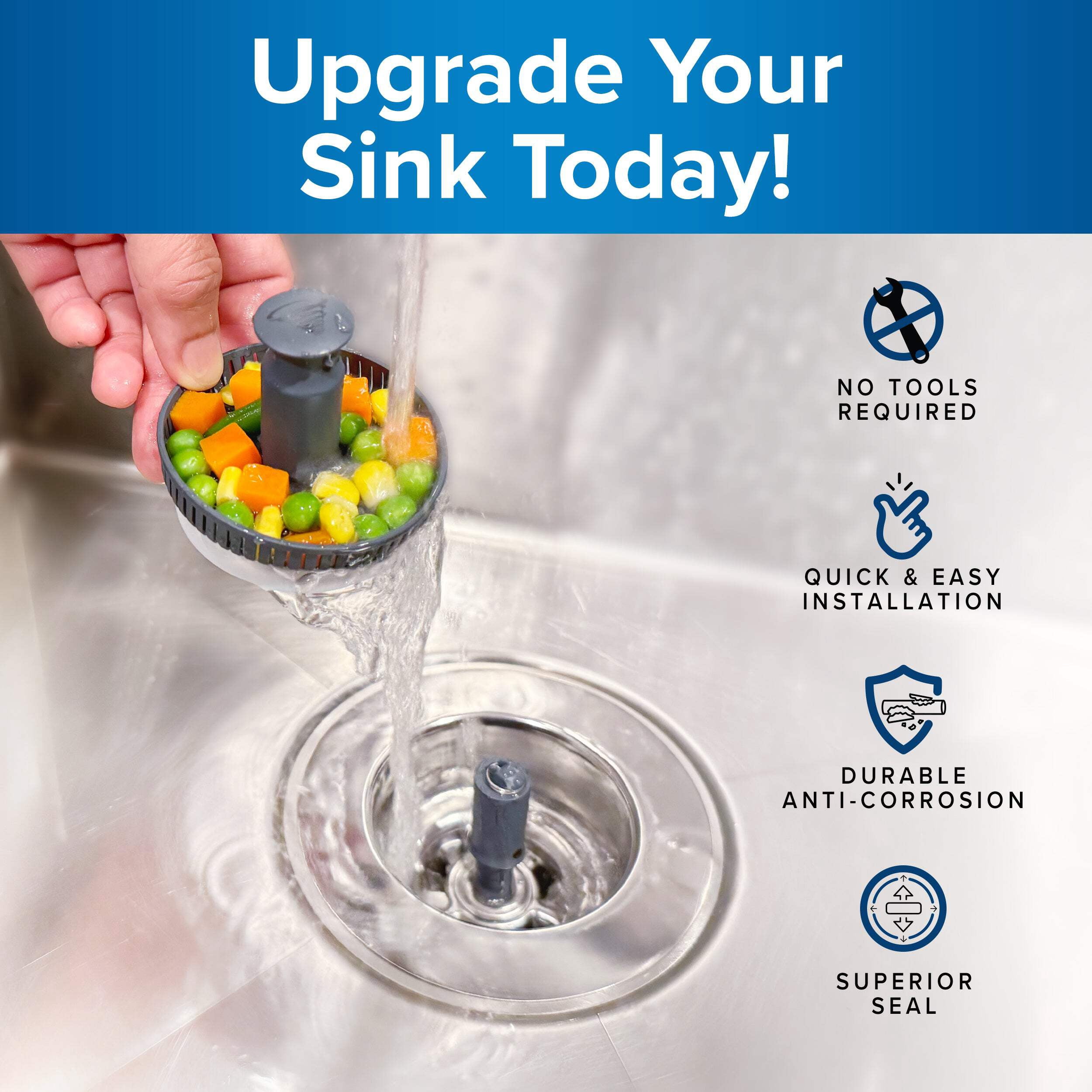 Drain Hero™ 3-in-1 Kitchen Sink Strainer, Stopper  Basket – Stainless Steel, Anti-Clog, Dishwasher Safe