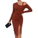 thumbnail image 1 of Vestido de cóctel sexy de manga larga con un hombro al descubierto y fruncido con cordón ajustable para mujer, 1 of 6