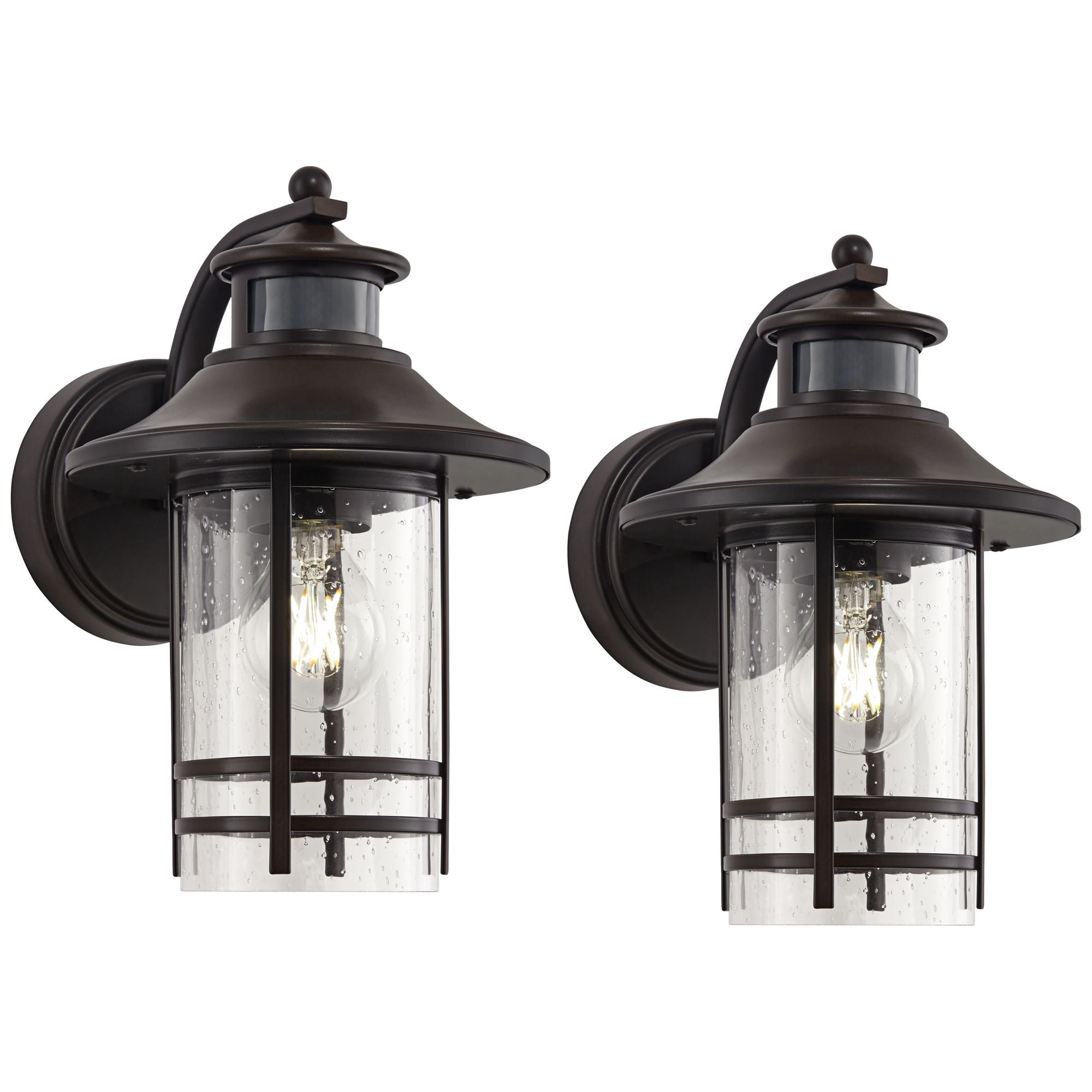 John Timberland Habitat Rustic Industrial Outdoor Wall Light Fixtures Set of 2 Bronze Dusk to Dawn Motion Sensor 11 1/4" Seedy Glass for Exterior
