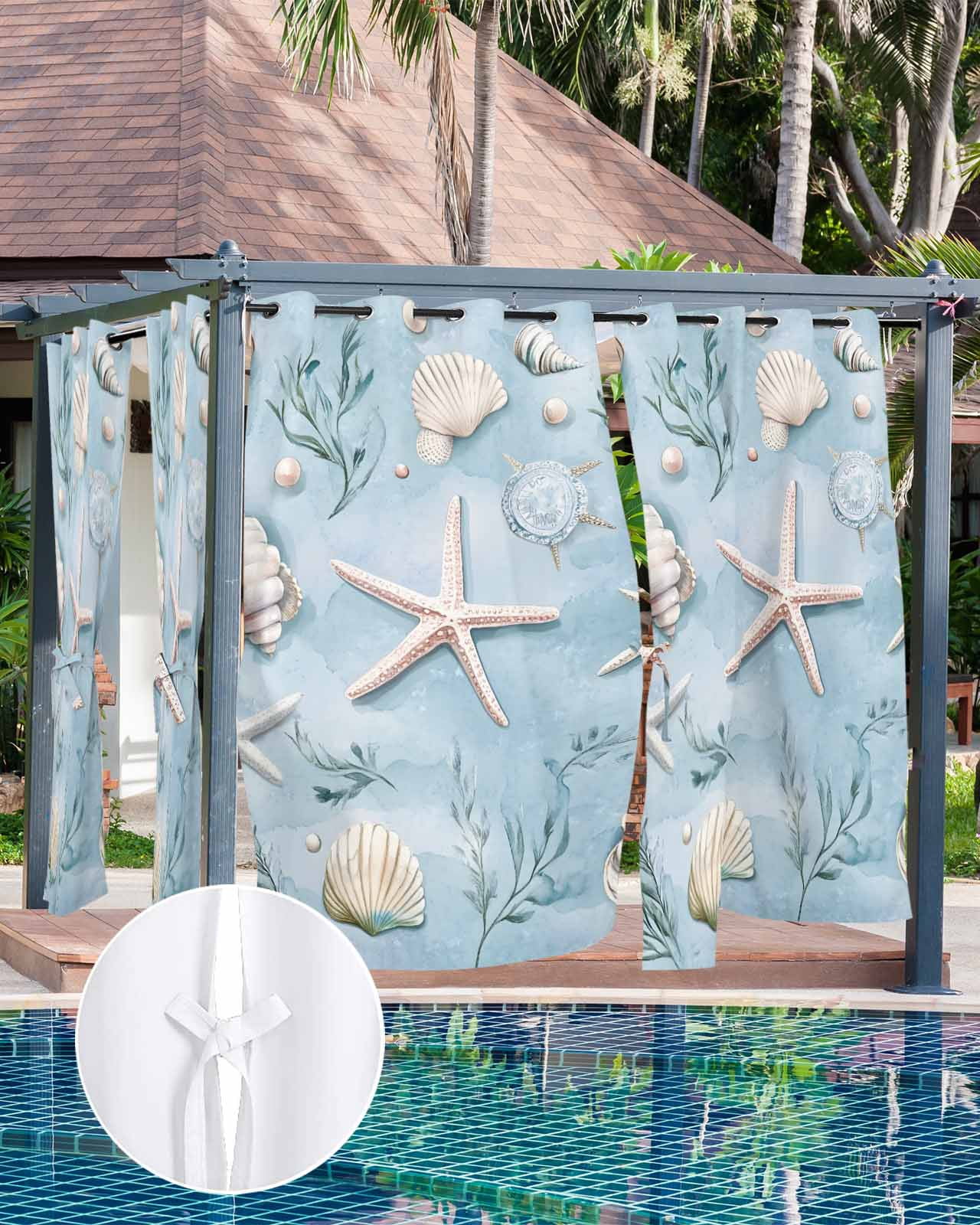 nqOlkjepod Outdoor Curtains for Patio Waterproof, Blue Coastal Starfish Outdoor Privacy Panels Grommet, Summer Beach Nautical Ocean Shell Blackout Outside Curtains for Porch/Cabana 54"x84", 2 Panels