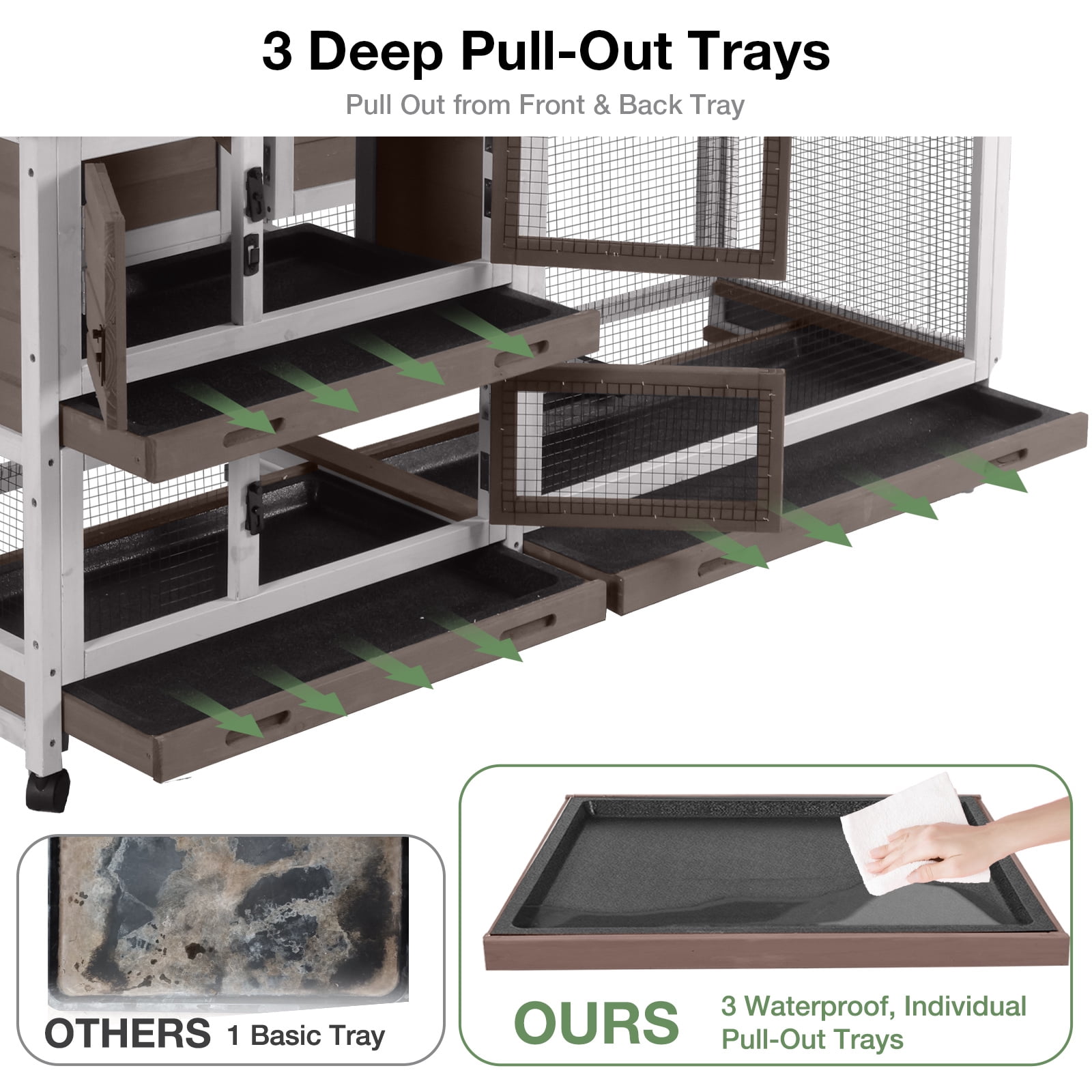 Aivituvin 62" Rabbit Hutch with Wheels for Outdoor & Indoor, 2-Story Bunny Cage with Pull Out Tray, Chew-Proof Ramp, Waterproof Roof, Brown