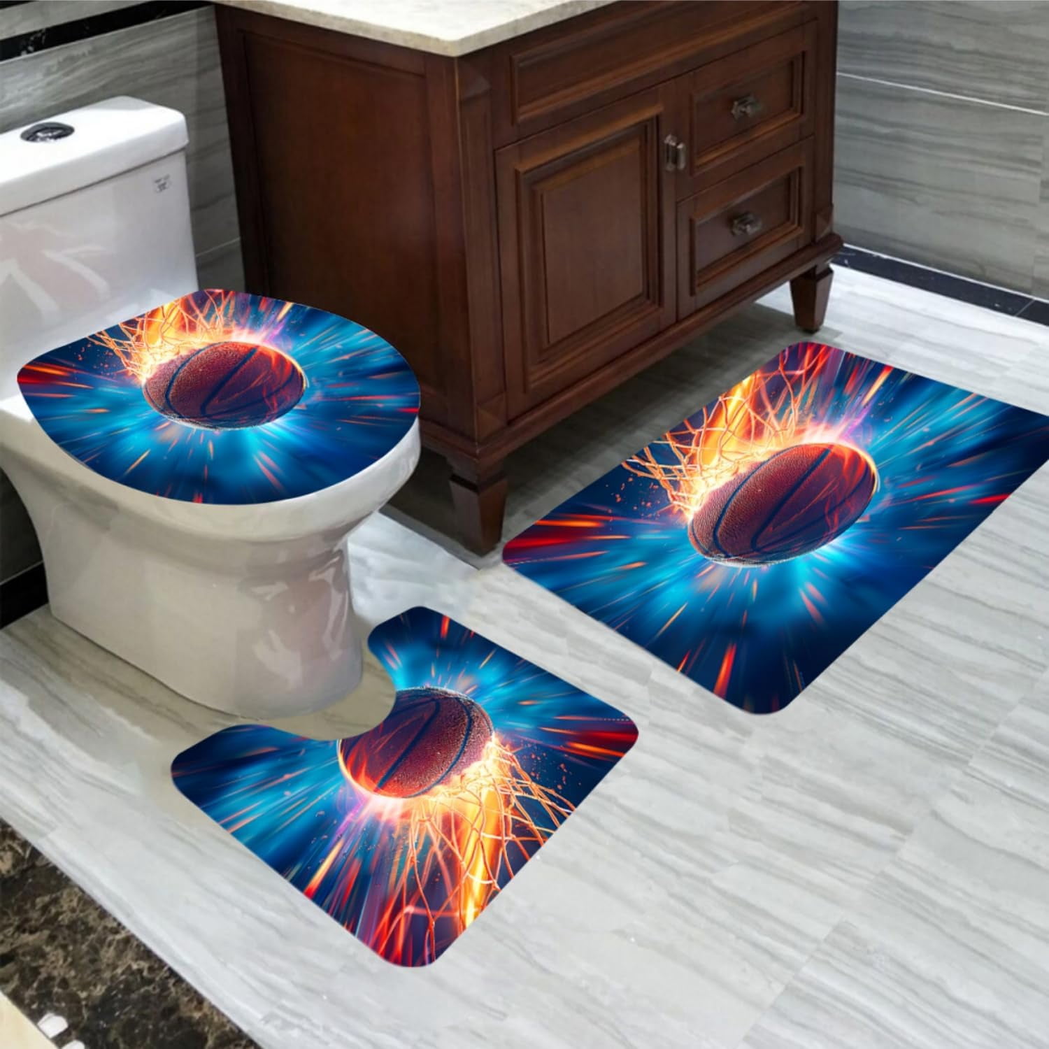 Basketball Shower Curtain Set - 4PCS Sports Shower Curtain Sets for Kids and Teen Boys Bathroom Shower Curtain Set Purple Basketball Bathroom Set with Rug, Toilet Cover and Bath Mat, 12 Hooks