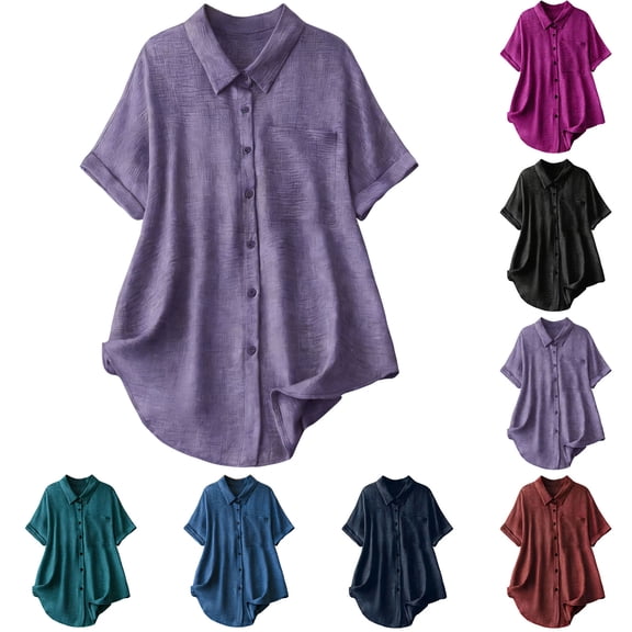 Horkkom Button Down Shirts for Women Summer Plus Size Short Sleeve Tops Solid Color Casual Tunic Tops with Pocket XXL