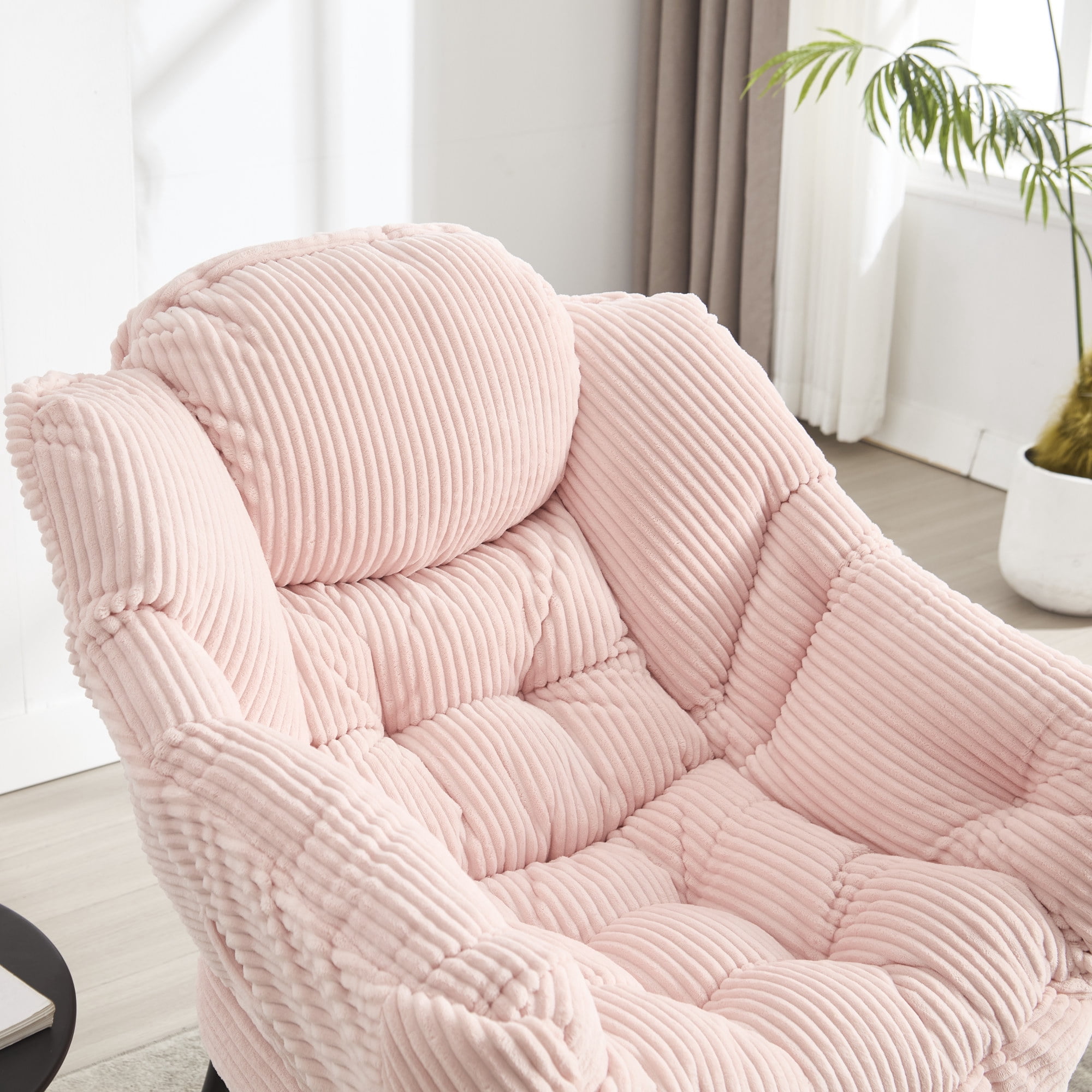 Lazy Chair with Ottoman,Modern Accent Chair with Armrests and a Side Pocket,Upholstered Armchair Sofa Chair Reading Chair with Footrest for Living Room,Pink