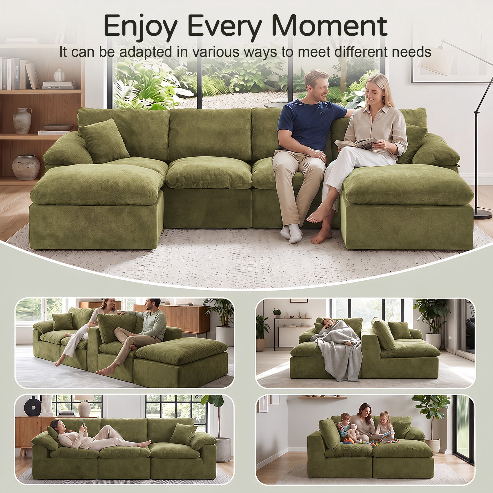 Aisword 130" Modular Sectional Sofa,Oversized Cloud Couch with Movable Ottoman,U-Shaped Convertible Boneless Sofa,Deep Seat Chenille Sectional Couch for Living Room,Green