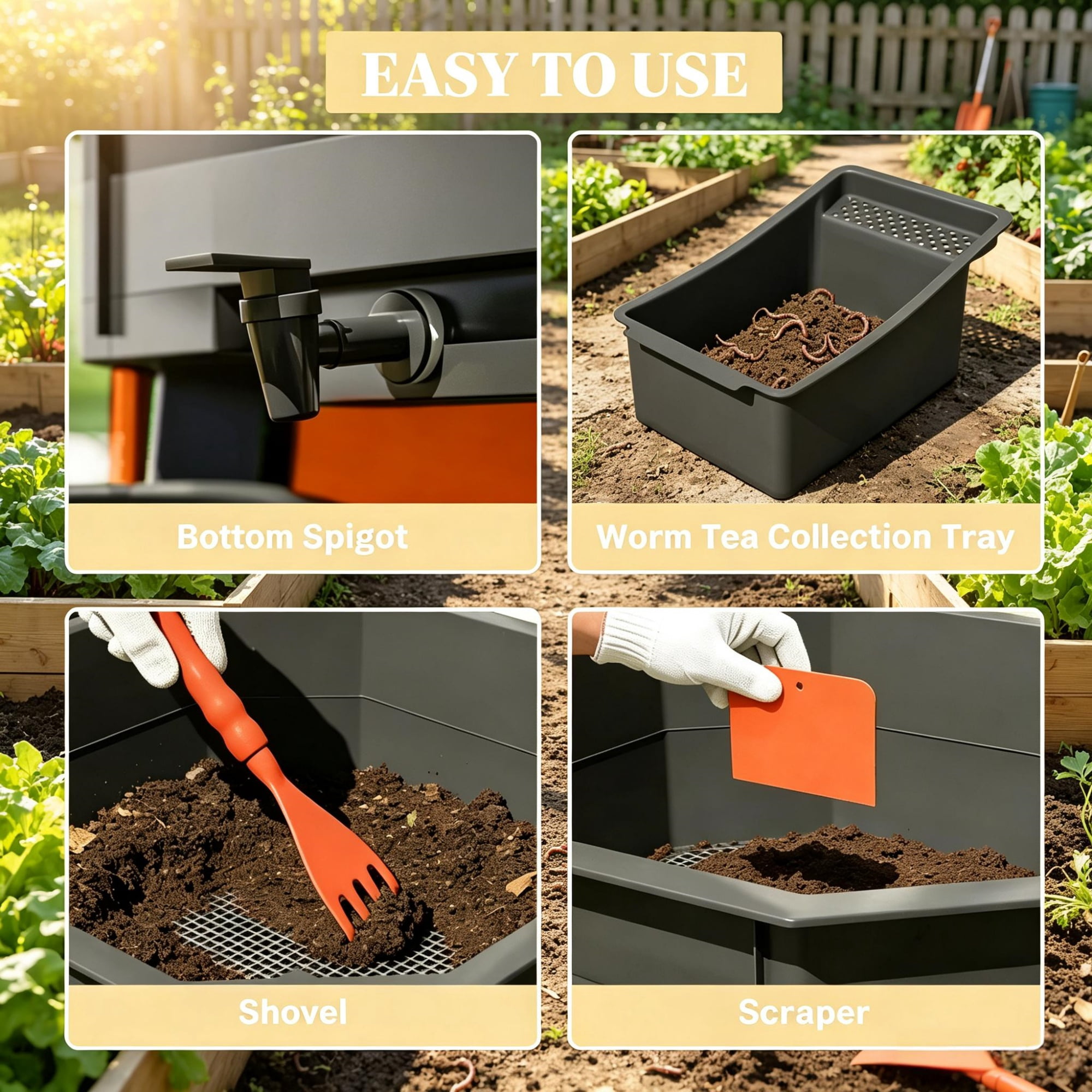 4-Tray Worm Composter Bin, 7.4 Gal Odor-Free, Leak-Proof Indoor & Outdoor Food Waste Recycling, Orange