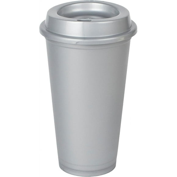 Vaso para café con Tapa | Vaso Cafetero de plástico de 16 Oz. | Vaso reusable tipo termo para café, té y agua | Libre de BPA | Paquete de 100 vasos color Plata