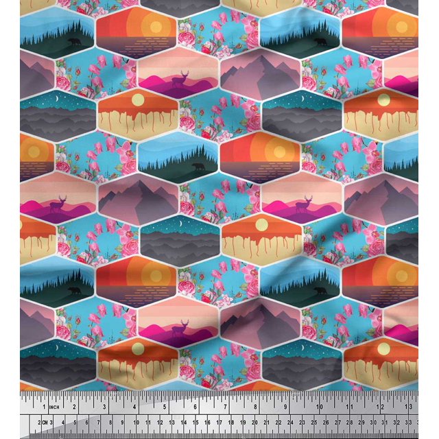 Soimoi Poly Georgette Fabric Floral & Geometric Patchwork Print Sewing Fabric Yard 52 Inch Wide