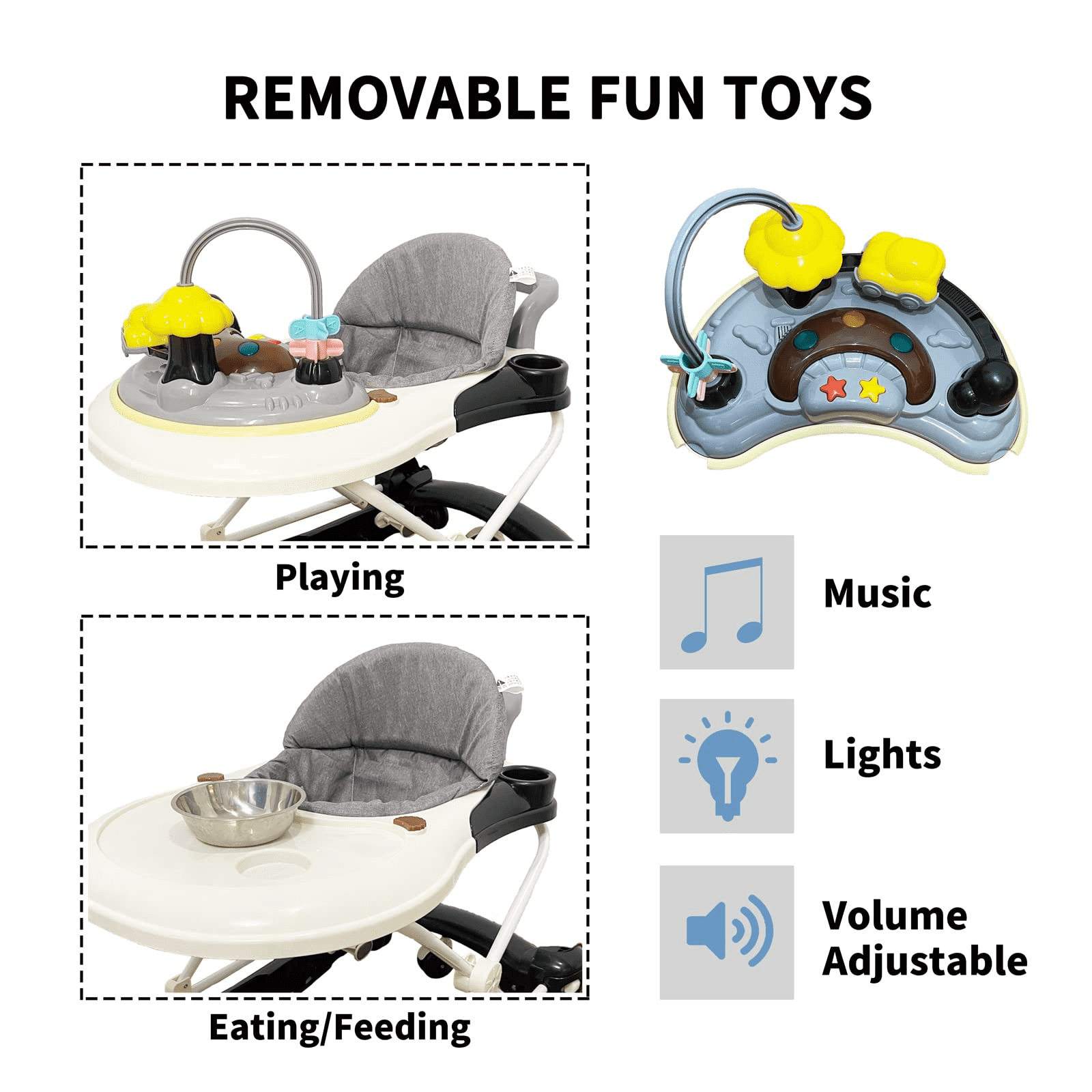 SIMANLI Baby Walker, 4 in 1 Foldable Walkers with Wheels & Removable Feeding & Music Tray, Activity Center for Baby Boys / Girls, Black