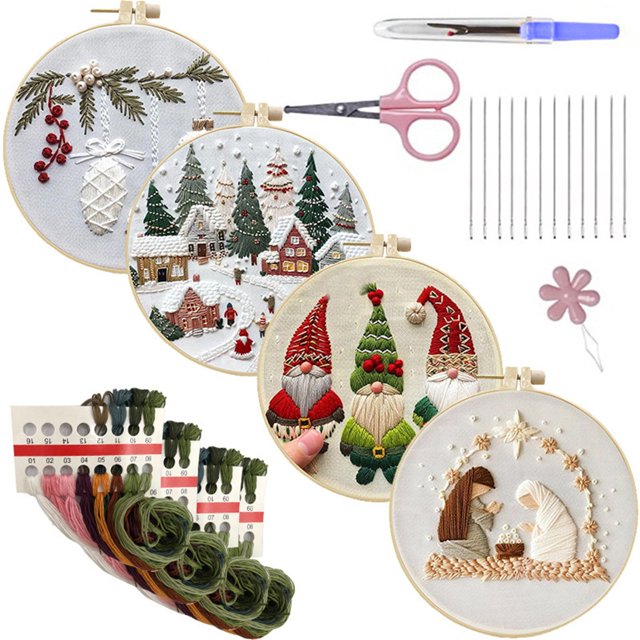 SuChun Quilting Squares Christmas Embroidery Kit With Embroidery Hoop 2024 New Easy Embroidery Kit For Beginners And Adults Full Embroidery Hoop Kit With Needles And Thread Included Beige