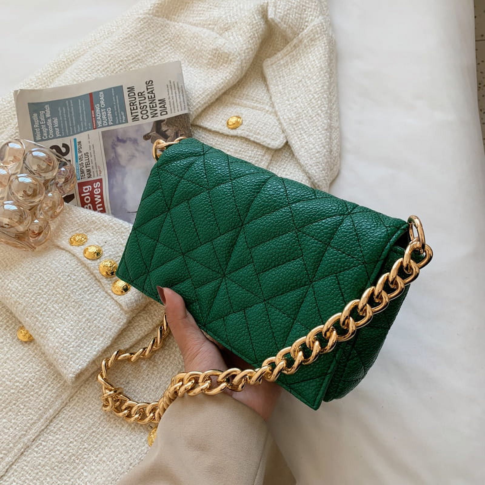 CoCopeaunts Quilted Green Tote Bags Female Metal Chain Pu Leather Shoulder Bag Small Flap Handbags Trendy Embroidery Thread Womens Bag Walmart