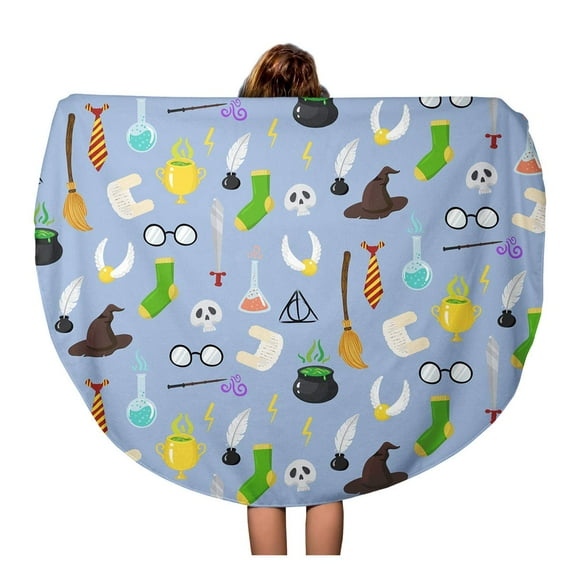 NUDECOR 60 inch Round Beach Towel Blanket Pattern Different Magic for Witches in Cartoon Wand Arcanum Travel Circle Circular Towels Mat Tapestry Beach Throw