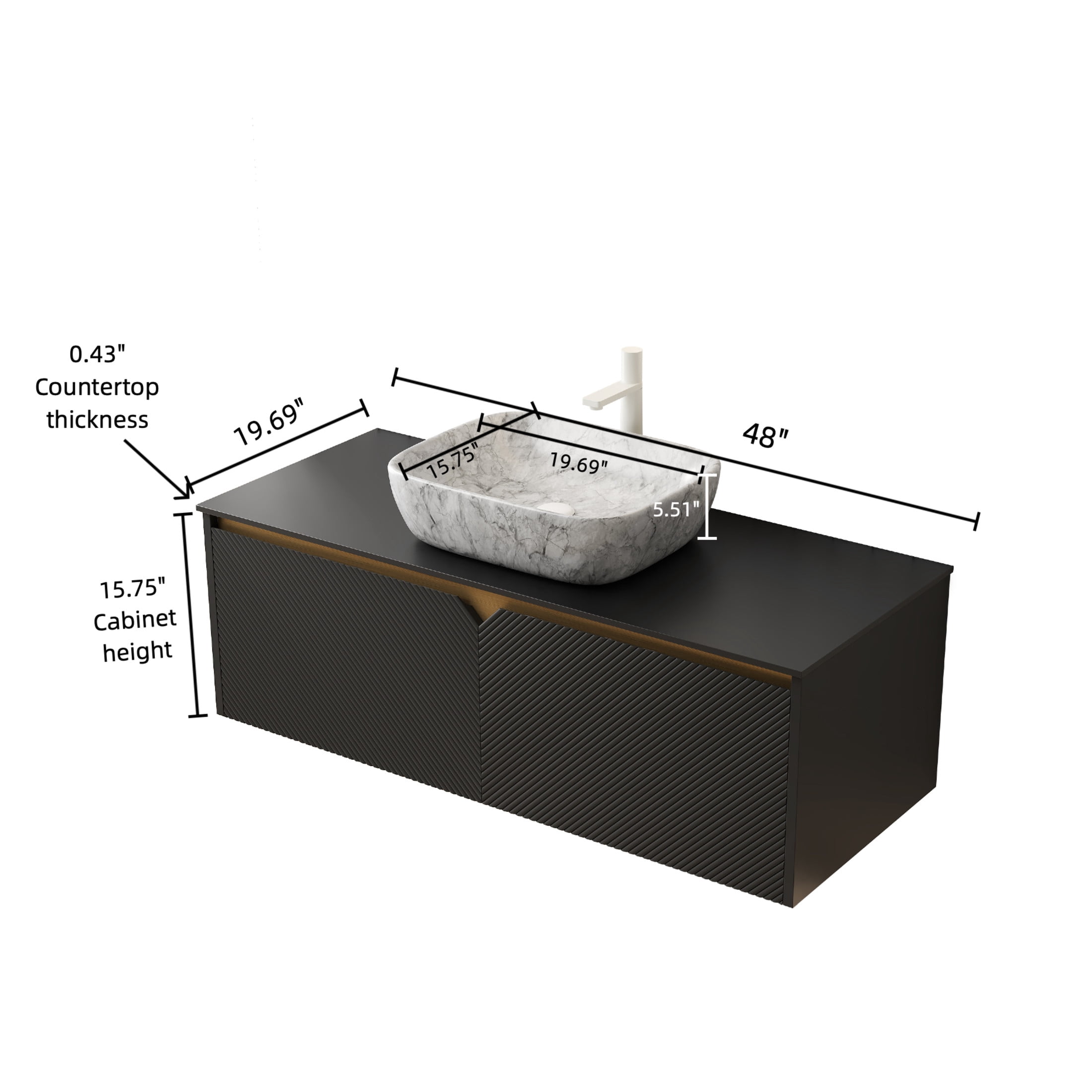 Noble House RUBEN 48" Floating Bathroom Vanity, Sintered Stone Top Cabinet with Gray Stone Ceramic Vessel Sink, Black