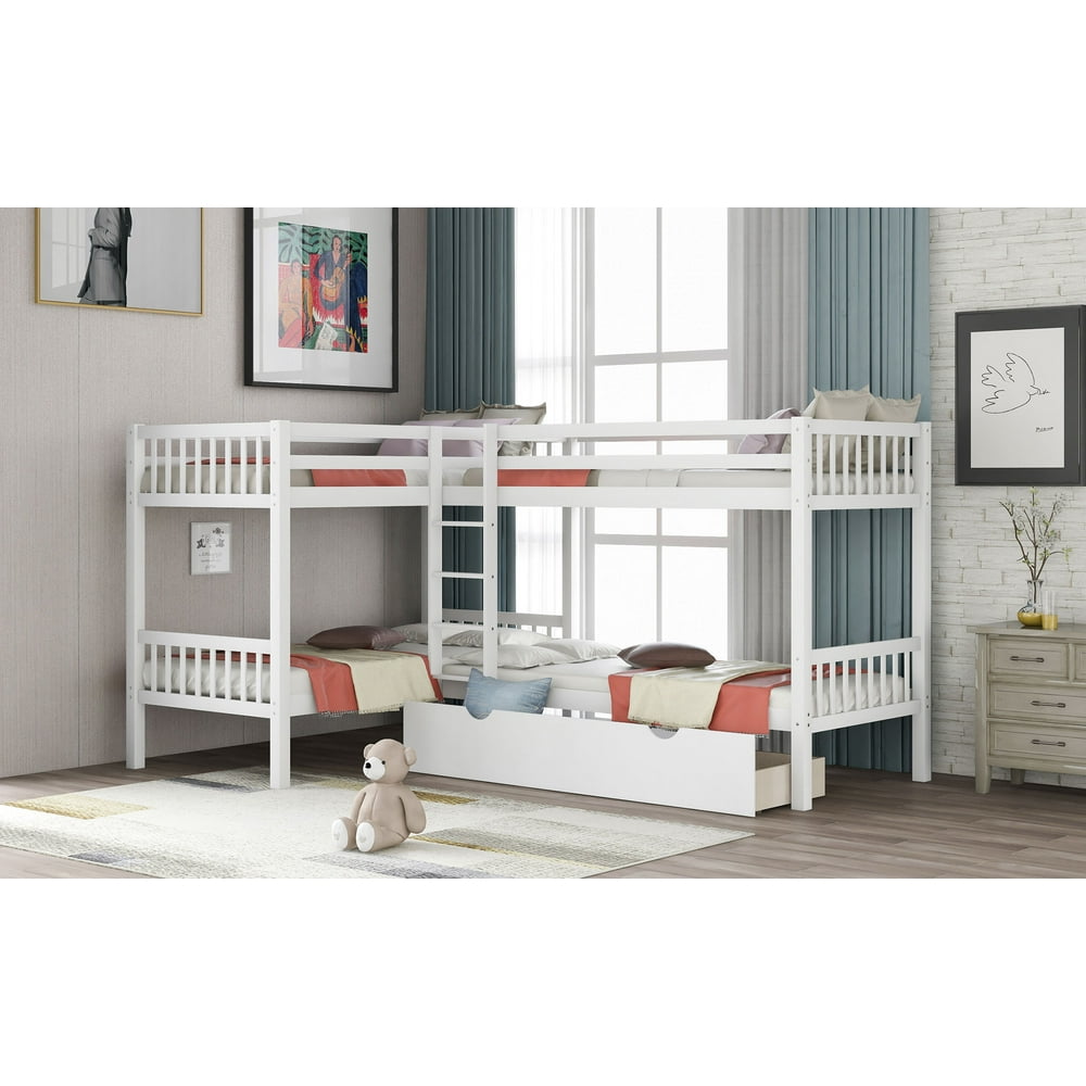 Quad beds, Twin LShaped Bunk Bed with Trundle and Guardrail, No Spring