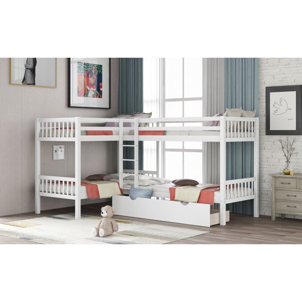 Quad beds, Twin LShaped Bunk Bed with Trundle and Guardrail, No Spring